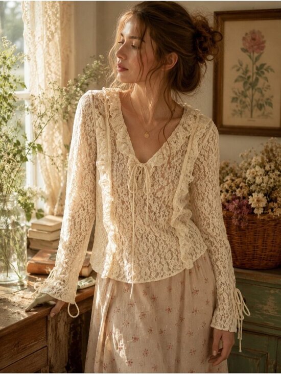 Zara Tops - Cream CottageCore Lace Zara cream Bell Sleeve  top